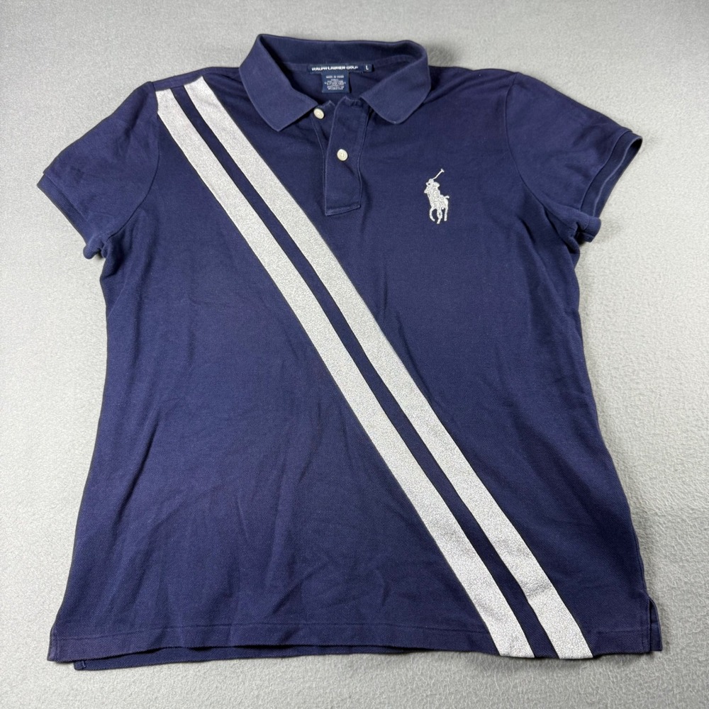 Y2K Ralph Lauren Golf Women L Polo Shirt Navy Blue Silver Glitter Sash Striped